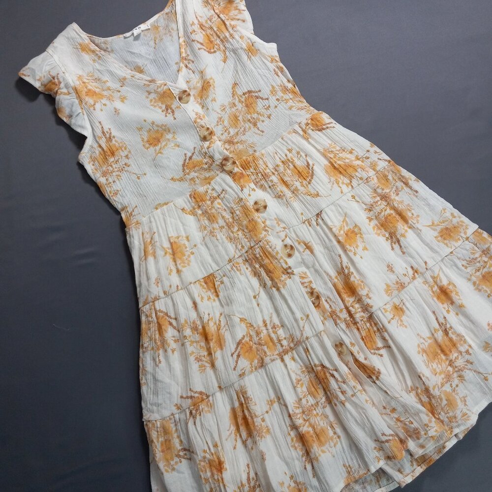 Women's Midi Tiered Floral Dress in Cream and Mustard